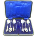 A set of six silver spoons and sugar bows, boxed, 85.6g