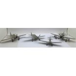 Four pewter model WWII period military aircraft, Zero, Mustang, Thunderbolt and Messerschmidt 109