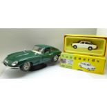 A Burago model E-Type Jaguar on stand and a Vanguards limited edition Triumph Dolomite 1850