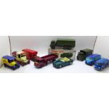 A collection of model vehicles including a boxed Dinky Toys 622 10-Ton Army Truck, two other Dinky