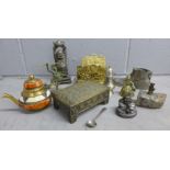 A box of assorted metalwares, trinket box, pewter shoe pin cushion, letter rack, etc. **PLEASE