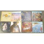 Eight LP records, The Beatles Sgt. Peppers, Sandy Denny, Bob Dylan, Genesis, Neil Young, etc.