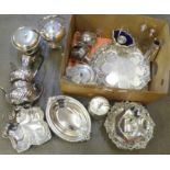 A box of silver plate; spirit kettle, ice bucket, oil pourers, tea service, trays, salvers, etc.