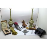 A collection of cigarette lighters, opera glasses, pewter shoe pin cushion, etc.