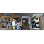 Four boxes of assorted items including china, brassware, vases, etc. **PLEASE NOTE THIS LOT IS NOT