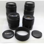 Canon camera lenses, 75-300mm 1:4-5.6, 35-80mm, two 1:4-5.6 and 18-55mm 1:3.5-5.6