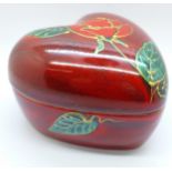 Anita Harris Art Pottery - Heart shaped trinket box in the Red Rose design, 8cm, signed in gold on