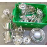 A box a silver plate, large trophy, pierced tray, three piece tea service, four chamber sticks,