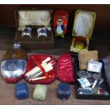 A plated and leather covered hip flask, plated salts, tin plate post box, etc.