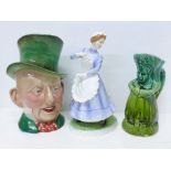 A Beswick character jug, Micawber, a Royal Worcester figure, The Parlour Maid and a majolica jug