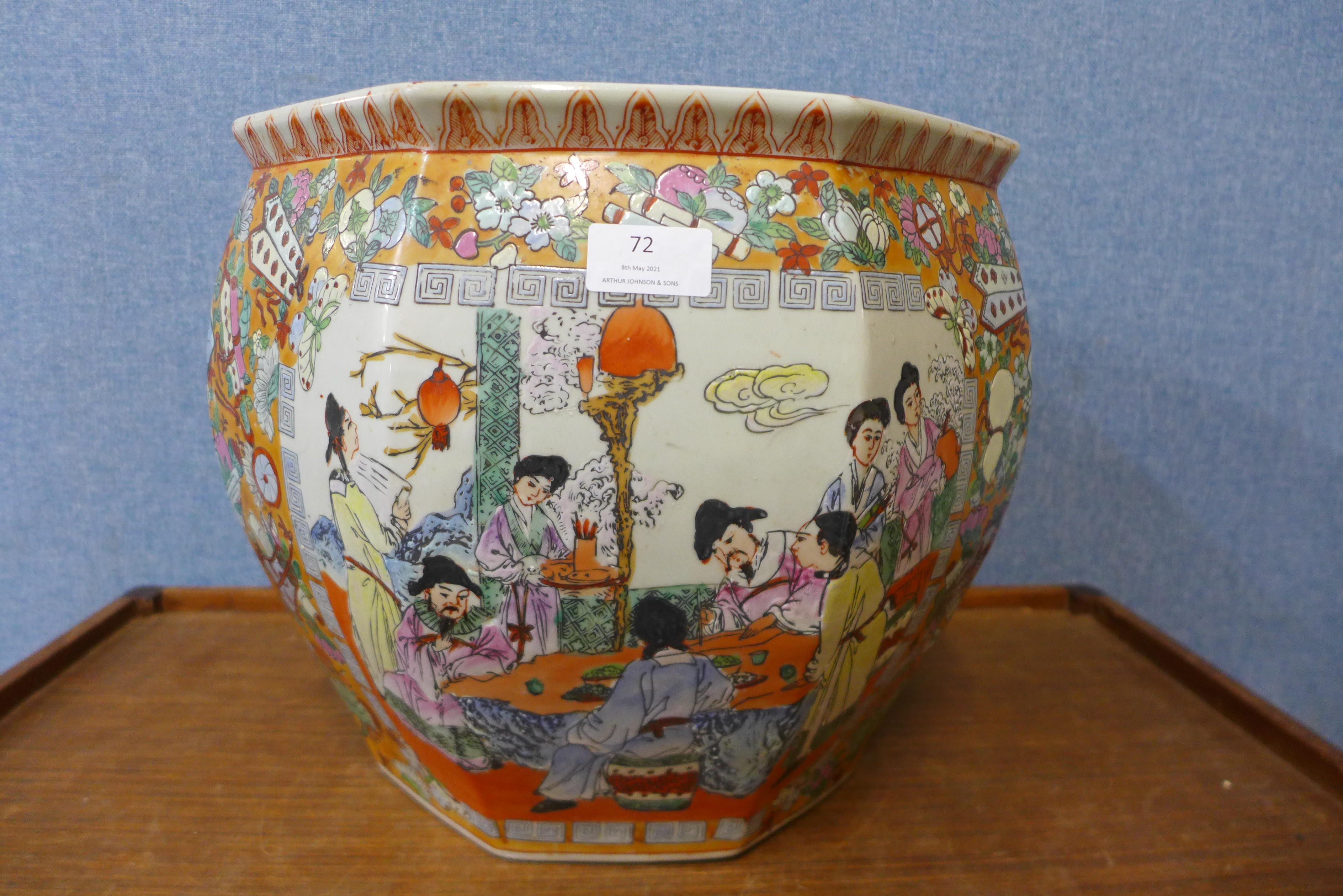A Chinese famille orange porcelain octagonal fish bowl