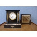 A Belgian slate mantel clock with chiming movement, side slate panel missing and three oak and