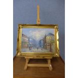 An artist's easel and a small French oil painting