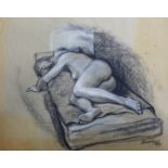 Harry Fred Darking (1911 - 1999), portrait of a reclining female nude, charcoal heightened with