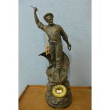 A large 19th Century spelter figural mantel clock, titled Cod Fishing, 75cms h