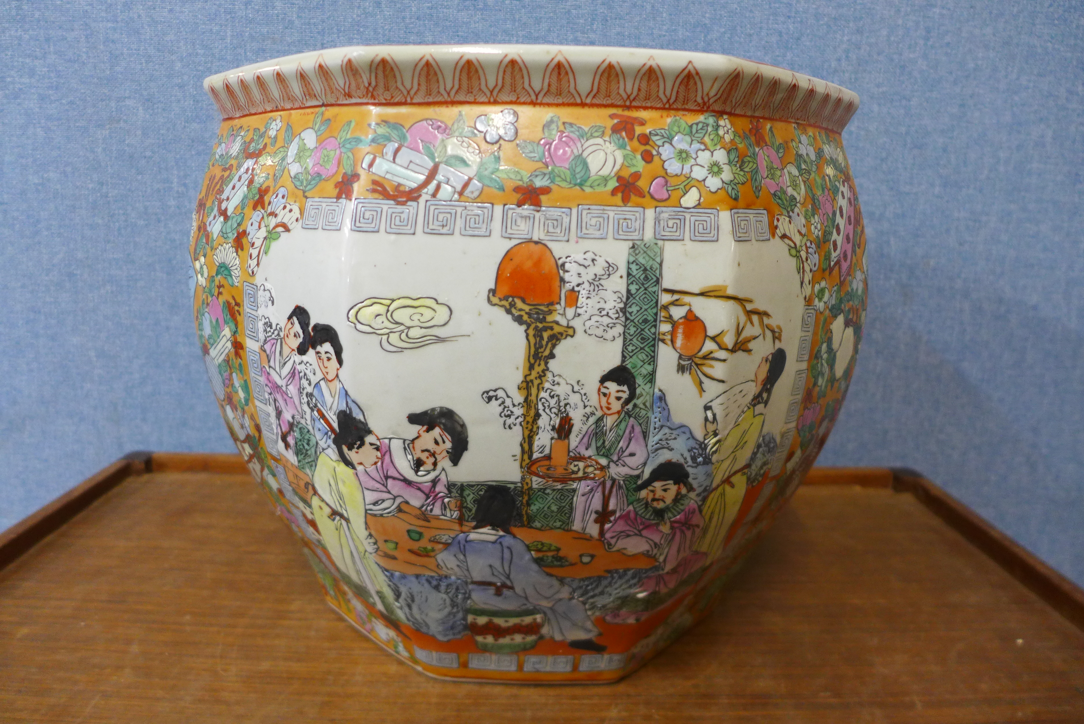 A Chinese famille orange porcelain octagonal fish bowl - Image 2 of 2
