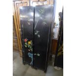 A Chinese black lacquered chinoiserie folding dressing screen, a/f