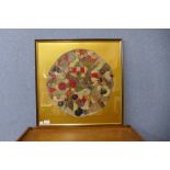 A Victorian patchwork quilt segment, dated 1891, framed