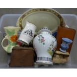 A Wadeheath Art Deco jug, Wedgwood china, flat iron, box camera, travel set, etc. **PLEASE NOTE THIS