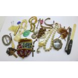 Costume jewellery, a bone letter opener, handle chipped, a bead purse, a/f, etc.