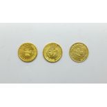 Three 1865 Mexican gold Pesos, total weight 1.1g