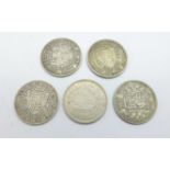 Five Victorian half crowns, 1884, 1893, 1895, 1896 and 1897, 69g