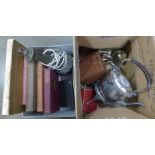 Two boxes of assorted items included plated ware, brassware, flatware, two harmonicas, Kodak box