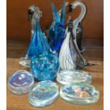 A collection of seven glass animals, birds and fish and five paperweights