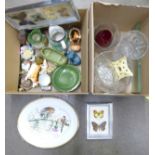 A box of cut glass including bowl and two vases, china animals, Poole seal, Toby jug, two framed