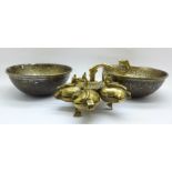 Two Islamic metal bowls and an Indian Kumkum spice container