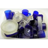 A collection of blue glass salt and mustard liners, a plated mustard with liner, etc.