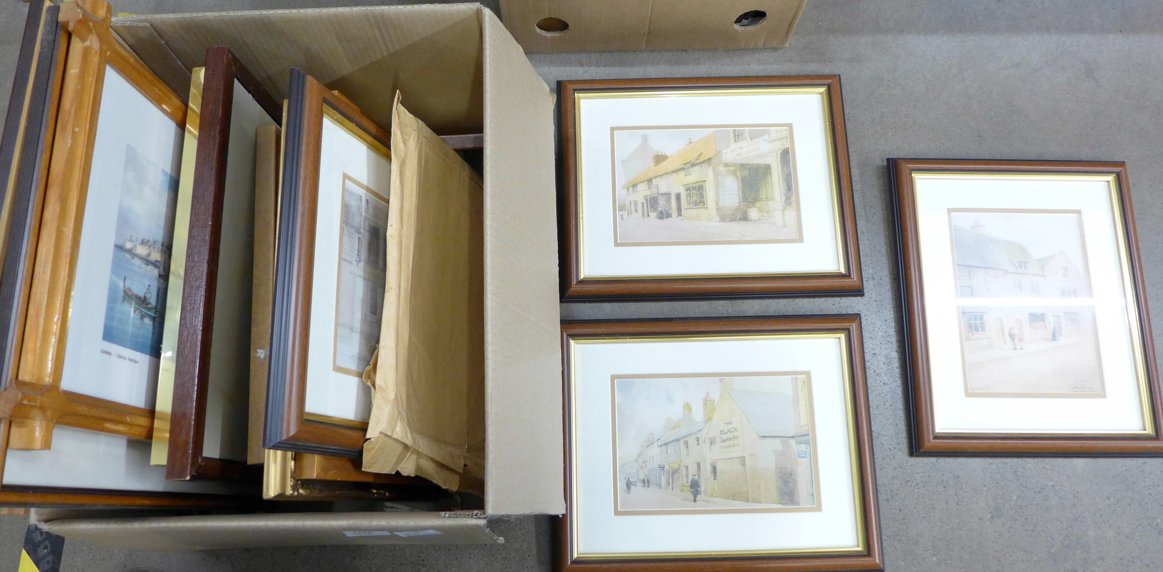 A box of paintings and prints including Lowry and collection of reproduction Persil prints and an