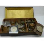 A collection of mixed British coins including Georgian and two Roman in a silver plated box