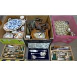 A box of mixed china, a box of miscellaneous items, plated cutlery, Bentima clock, plated serving