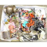 Costume jewellery, a hand mirror, a plated mug and plated flatware