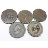 Four cartwheel pennies and a two penny, two with countermarks