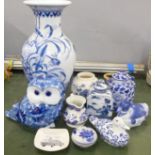 A blue and white owl, large Oriental style vase, duck and other blue and white china