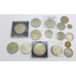 Coins; a George III silver crown, two Victorian silver half-crowns, Commemorative crowns, etc.