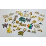 A collection of thirty-three brooches, animals, fish, etc.