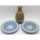 A miniature Doulton Lambeth stoneware vase, 11.5cm and two Wedgwood Jasperware pin dishes