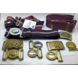 A collection of regimental belts and buckles, some Victorian (eight complete buckles plus odds)