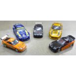 Five die-cast Toyota model cars, some a/f