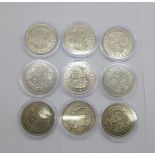 Coinage; nine half crowns; 1926, 1928, 1929, 1930, 1931, 1933, 1934, 1935 and 1936