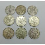 Coinage; nine florins, 1918, 1923, 1930, 1936, 1940, 1941, 1944, 1945 and 1946