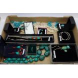 A collection of turquoise coloured and silver jewellery, some boxed