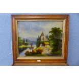 English School (19th Century), river scene, reverse oil painting on glass, framed