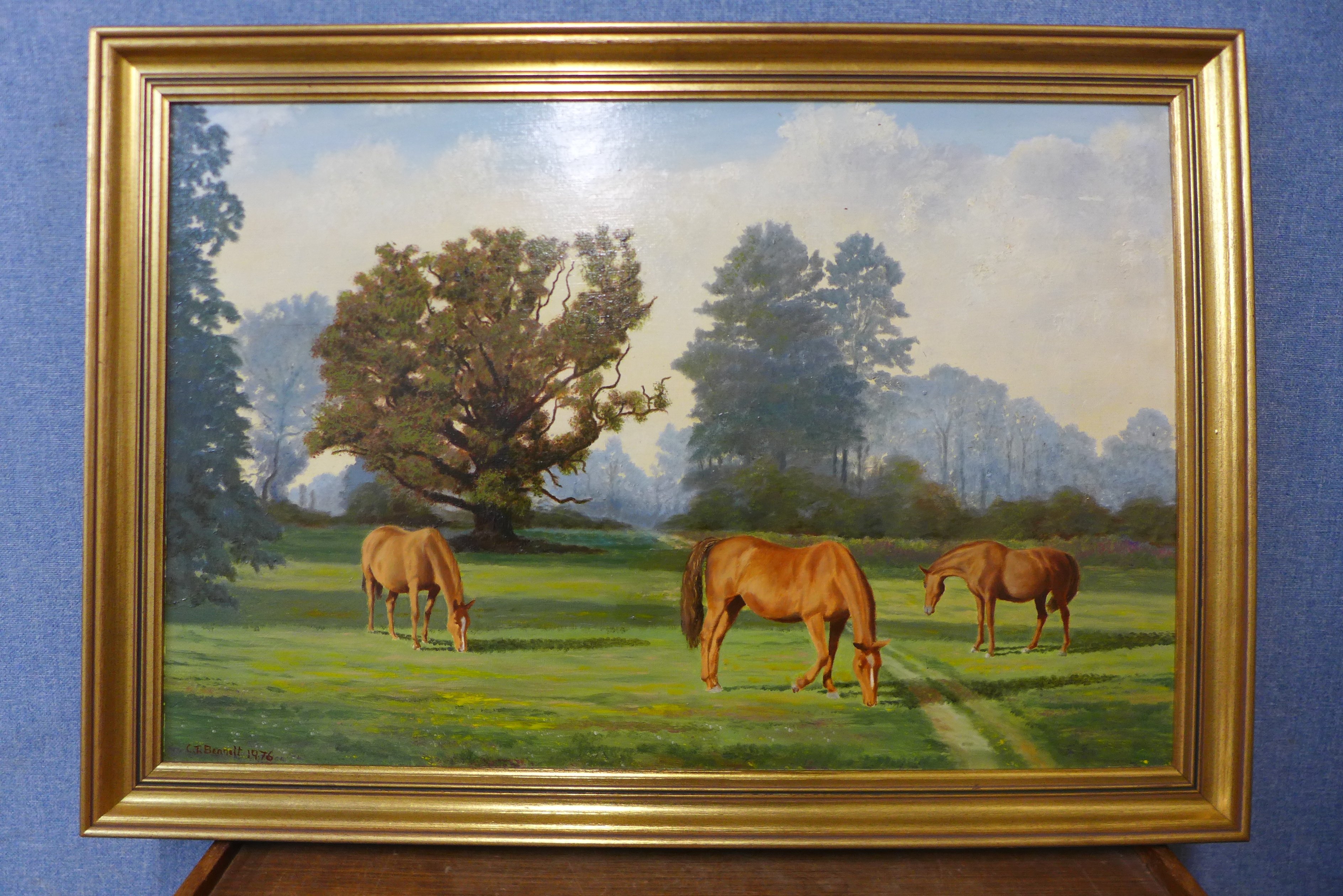 C.T. Bennett, horses in a field, oil on board, 49 x 74cms, framed