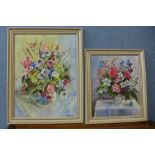 D. Stevens, two still life's of flowers, oil on board, 39 x 29cms and 29 x 24cms, both framed