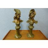 A pair of Art Nouveau style bronze busts, 45cms h