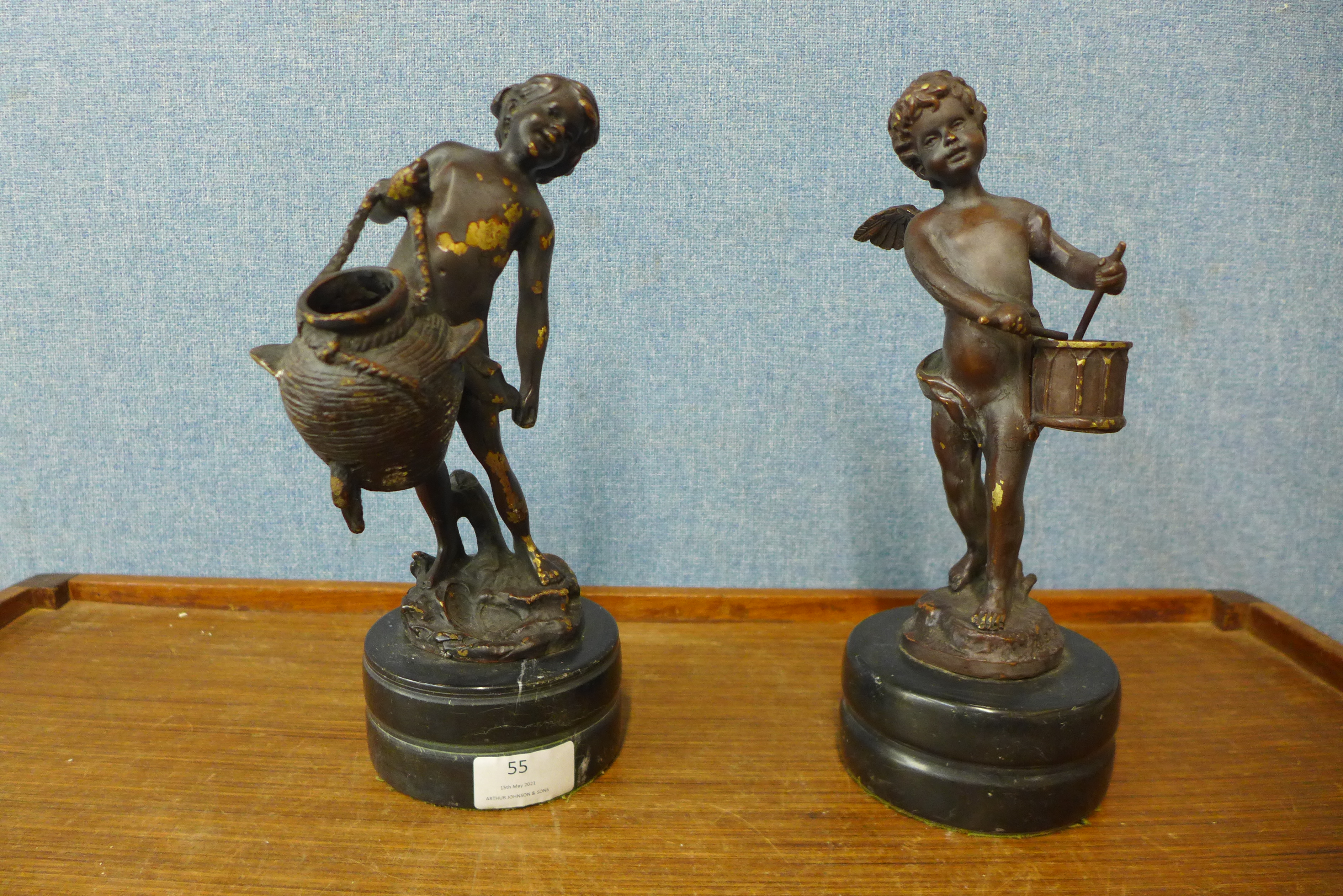 After Auguste Moreau, pair of bronze figures of cherubs, on black marble socles, 27cms h